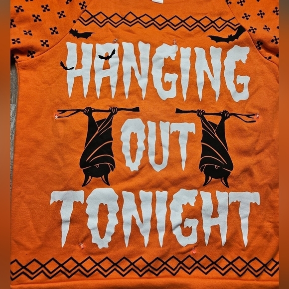 HALLOWEEN Ugly Sweater style Shirt Lights Up XS Orange Black Bats - Picture 2 of 9